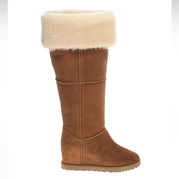 UGG CLASSIC FEMME TALL OVER THE KNEE CHESTNUT WEDGE BOOTS - Picture 1 of 3